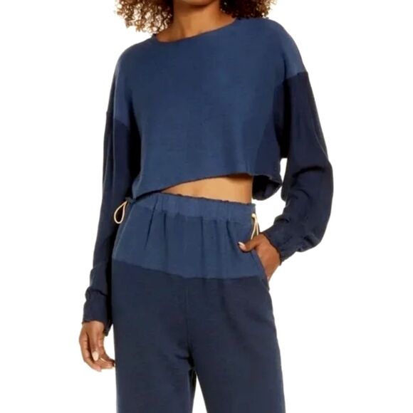 Free People Movement Sweatshirt Womens S Blue Boxy Surfside Terrycloth Crop Yoga - Picture 1 of 16